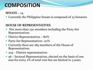 COMPOSITION
SENATE – 24
 Currently the Philippine Senate is composed of 23 Senators

HOUSE OF REPRESENTATIVES
 Not more than 250 members including the Party-list
Representatives
 District Representatives – 80%
 Party-list Representatives -20%
 Currently there are 285 members of the House of
Representatives
 229 – District representatives
 56 – Sectoral Representatives, elected on the basis of one
seat for every 2% of total vote but are limited to 3 seats.

 