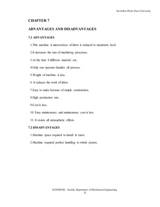 Savitribai Phule Pune University
KVNNIEER, Nashik, Department of Mechanical Engineering
72
CHAPTER 7
ADVANTAGES AND DISADVANTAGES
7.1 ADVANTAGES
1.This machine is intervention of labor is reduced to maximum level.
2.It increases the rate of machining processes.
3.At the time 4 different material cut.
4.Only one operator handles all process.
5.Weight of machine is less.
6. It reduces the work of labor.
7.Easy to make because of simple construction.
8.High production rate.
9.Cost is less.
10. Easy maintenance and maintenance cost is less.
11. It resists all atmospheric effects.
7.2 DISADVANTAGES
1.Machine space required to install in more.
2.Machine required perfect handling to whole system.
 