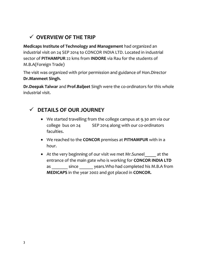 A sample on industrial visit report for MBA students by Bilal Khan