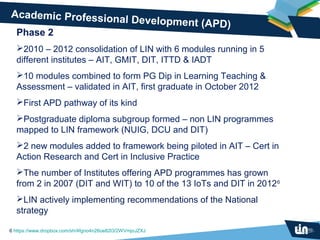 Academic Professiona
                    l Development (APD)
  Phase 2
  2010 – 2012 consolidation of LIN with 6 modules running in 5
  different institutes – AIT, GMIT, DIT, ITTD & IADT
  10 modules combined to form PG Dip in Learning Teaching &
  Assessment – validated in AIT, first graduate in October 2012
  First APD pathway of its kind
  Postgraduate diploma subgroup formed – non LIN programmes
  mapped to LIN framework (NUIG, DCU and DIT)
  2 new modules added to framework being piloted in AIT – Cert in
  Action Research and Cert in Inclusive Practice
  The number of Institutes offering APD programmes has grown
  from 2 in 2007 (DIT and WIT) to 10 of the 13 IoTs and DIT in 2012 6
  LIN actively implementing recommendations of the National
  strategy

6 https://www.dropbox.com/sh/4fgno4n26oe82l3/2WVmjoJZXJ
 