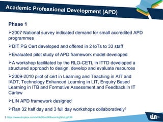 Academic Professiona
                    l Development (APD)

  Phase 1
  2007 National survey indicated demand for small accredited APD
  programmes
  DIT PG Cert developed and offered in 2 IoTs to 33 staff
  Evaluated pilot study of APD framework model developed
  A workshop facilitated by the RLO-CETL in ITTD developed a
  structured approach to design, develop and evaluate resources
  2009-2010 pilot of cert in Learning and Teaching in AIT and
  IADT, Technology Enhanced Learning in LIT, Enquiry Based
  Learning in ITB and Formative Assessment and Feedback in IT
  Carlow
  LIN APD framework designed
  Ran 32 half day and 3 full day workshops collaboratively5
5 https://www.dropbox.com/sh/lb5fbxc0l06xoor/4gQhzUgRX6
 