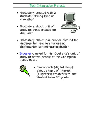 Tech Integration Projects

Photostory created with 2
students: “Being Kind at
Hiawatha”

Photostory about unit of
study on trees created for
Mrs. Peet

Photostory about food service created for
kindergarten teachers for use at
kindergarten screening/registration

Glogster created for Ms. Ouellette’s unit of
study of native people of the Champlain
Valley Basin

            Photopeach (digital story)
            about a topic of interest
            (alligators) created with one
            student from 3rd grade
 