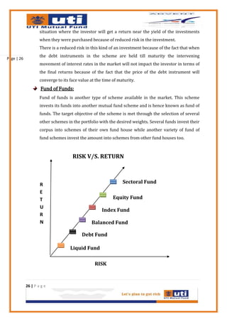 situation where the investor will get a return near the yield of the investments
                    when they were purchased because of reduced risk in the investment.
                    There is a reduced risk in this kind of an investment because of the fact that when
                    the debt instruments in the scheme are held till maturity the intervening
Page | 26
                    movement of interest rates in the market will not impact the investor in terms of
                    the final returns because of the fact that the price of the debt instrument will
                    converge to its face value at the time of maturity.
                    Fund of Funds:
                    Fund of funds is another type of scheme available in the market. This scheme
                    invests its funds into another mutual fund scheme and is hence known as fund of
                    funds. The target objective of the scheme is met through the selection of several
                    other schemes in the portfolio with the desired weights. Several funds invest their
                    corpus into schemes of their own fund house while another variety of fund of
                    fund schemes invest the amount into schemes from other fund houses too.



                                     RISK V/S. RETURN



                    R                                           Sectoral Fund
                    E
                    T                                      Equity Fund
                    U
                                                     Index Fund
                    R
                    N                          Balanced Fund

                                          Debt Fund

                                    Liquid Fund

                                                 RISK



            26 | P a g e
 