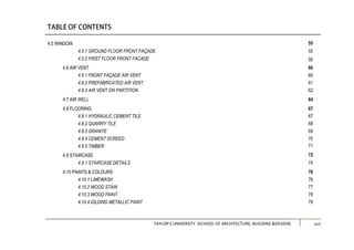 TAYLOR’S UNIVERSITY [SCHOOL OF ARCHITECTURE, BUILDING &DESIGN] xiii
4.5 WINDOW
4.5.1 GROUND FLOOR FRONT FAÇADE
4.5.2 FIRST FLOOR FRONT FACADE
4.6 AIR VENT
4.6.1 FRONT FAÇADE AIR VENT
4.6.2 PREFABRICATED AIR VENT
4.6.3 AIR VENT ON PARTITION
4.7 AIR WELL
4.8 FLOORING
4.8.1 HYDRAULIC CEMENT TILE
4.8.2 QUARRY TILE
4.8.3 GRANITE
4.8.4 CEMENT SCREED
4.8.5 TIMBER
4.9 STAIRCASE
4.9.1 STAIRCASE DETAILS
4.10 PAINTS & COLOURS
4.10.1 LIMEWASH
4.10.2 WOOD STAIN
4.10.3 WOOD PAINT
4.10.4 GILDING METALLIC PAINT
55
55
56
60
60
61
62
64
67
67
68
69
70
71
72
74
76
76
77
78
78
xvii
 