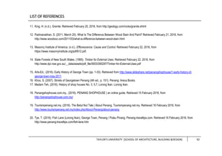TAYLOR’S UNIVERSITY [SCHOOL OF ARCHITECTURE, BUILDING &DESIGN] 92
11. King, H. (n.d.). Granite. Retrieved February 20, 2016, from http://geology.com/rocks/granite.shtml
12. Padmanabhan, S. (2011, March 20). What Is The Difference Between Wood Stain And Paint? Retrieved February 21, 2016, from
http://www.woodooz.com/2011/03/what-is-difference-between-wood-stain.html
13. Masonry Institute of America. (n.d.). Efflorescence: Cause and Control. Retrieved February 22, 2016, from
https://www.masonryinstitute.org/pdf/612.pdf.
14. State Forests of New South Wales. (1995). Timber for External Uses. Retrieved February 22, 2016, from
http://www.dpi.nsw.gov.au/__data/assets/pdf_file/0003/390297/Timber-for-External-Uses.pdf
15. Arts-Ed,. (2016). Early History of George Town (pp. 1-33). Retrieved from http://www.slideshare.net/penangshophouse/1-early-history-of-
george-town-may-2011
16. Khoo, S. (2007). Strrets of Georgetown Penang (4th ed., p. 151). Penang: Areca Books.
17. Madam Teh, (2016). History of shop houses No. 3, 5,7, Lorong Ikan. Lorong Ikan.
18. Penangshophouse.com.my,. (2016). PENANG SHOPHOUSE | an online guide. Retrieved 15 February 2016, from
http://penangshophouse.com.my/
19. Tourismpenang.net.my, (2016). The Betul Nut Tale | About Penang. Tourismpenang.net.my. Retrieved 16 February 2016, from
http://www.tourismpenang.net.my/index.php/About-Penang/about-penang
20. Tye, T. (2016). Fish Lane (Lorong Ikan), George Town, Penang / Pulau Pinang. Penang-traveltips.com. Retrieved 16 February 2016, from
http://www.penang-traveltips.com/fish-lane.htm
 
