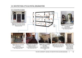 TAYLOR’S UNIVERSITY [SCHOOL OF ARCHITECTURE, BUILDING &DESIGN] 30
3.2.3.1 Ground Floor Circulation
Figure 3.12: No.7 Front Hall
(Living room)
(Source: Measured Drawing Lorong
Ikan, Penang Group, 2016)
Figure 3.13: No.5 Staircase
leading to first floor
(Source: Measured Drawing Lorong
Ikan, Penang Group, 2016)
Figure 3.15: No.7 Back Hall
(Source: Measured Drawing Lorong
Ikan, Penang Group, 2016)
Figure 3.16: No.5 exit
door to back lane
(Source: Measured
Drawing Lorong Ikan,
Penang Group, 2016)
Figure 3.14: No.3&5 Back
Hall (Office)
(Source: Measured Drawing
Lorong Ikan, Penang Group,
2016)
Figure 3.17: No.3 Entrance to
the bathroom
(Source: Measured Drawing Lorong
Ikan, Penang Group, 2016)
Figure 3.11: No.7 front entrance
(Source: Measured Drawing Lorong Ikan,
Penang Group, 2016)
 