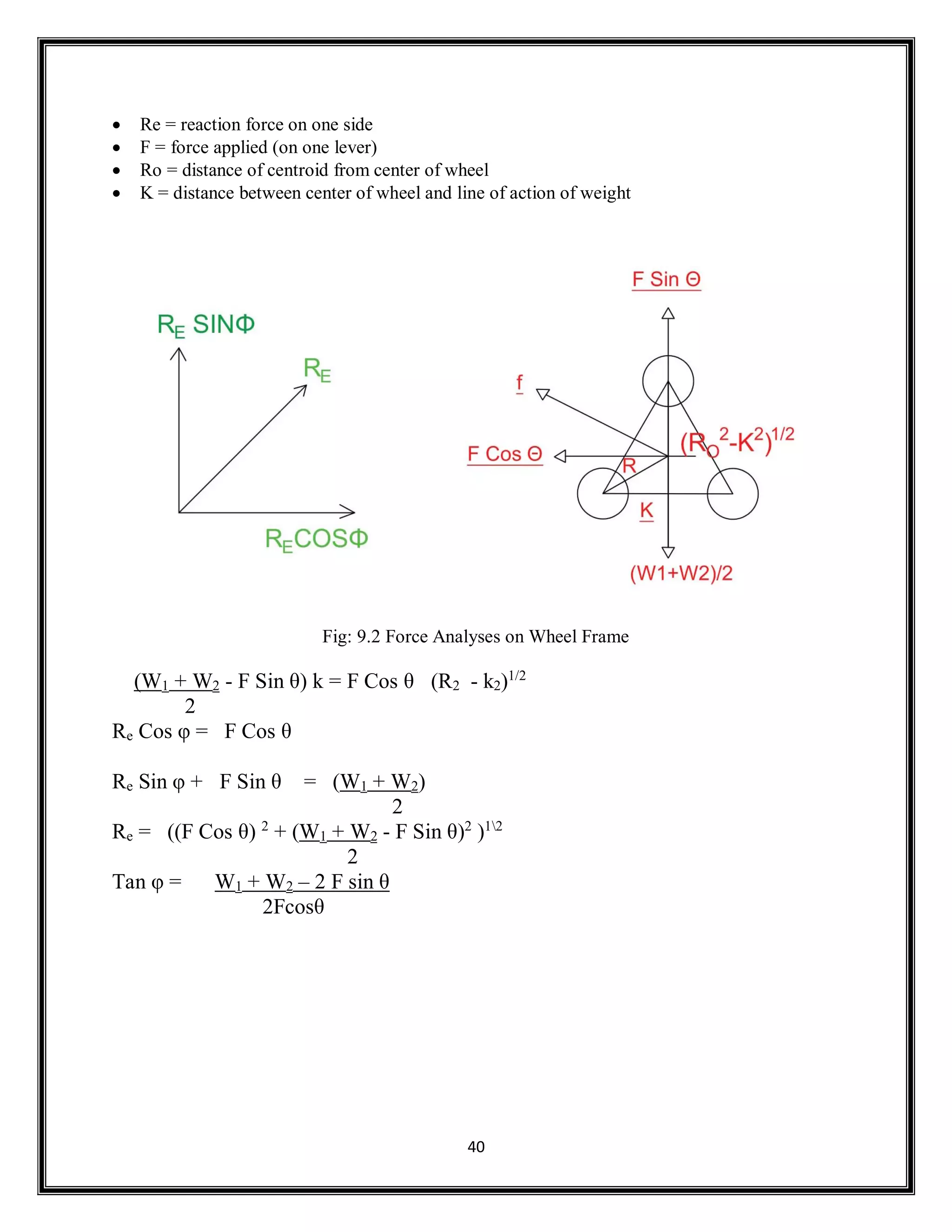 40
 Re = reaction force on one side
 F = force applied (on one lever)
 Ro = distance of centroid from center of wheel
 K = distance between center of wheel and line of action of weight
Fig: 9.2 Force Analyses on Wheel Frame
(W1 + W2 - F Sin θ) k = F Cos θ (R2 - k2)1/2
2
Re Cos φ = F Cos θ
Re Sin φ + F Sin θ = (W1 + W2)
2
Re = ((F Cos θ) 2
+ (W1 + W2 - F Sin θ)2
)12
2
Tan φ = W1 + W2 – 2 F sin θ
2Fcosθ
 