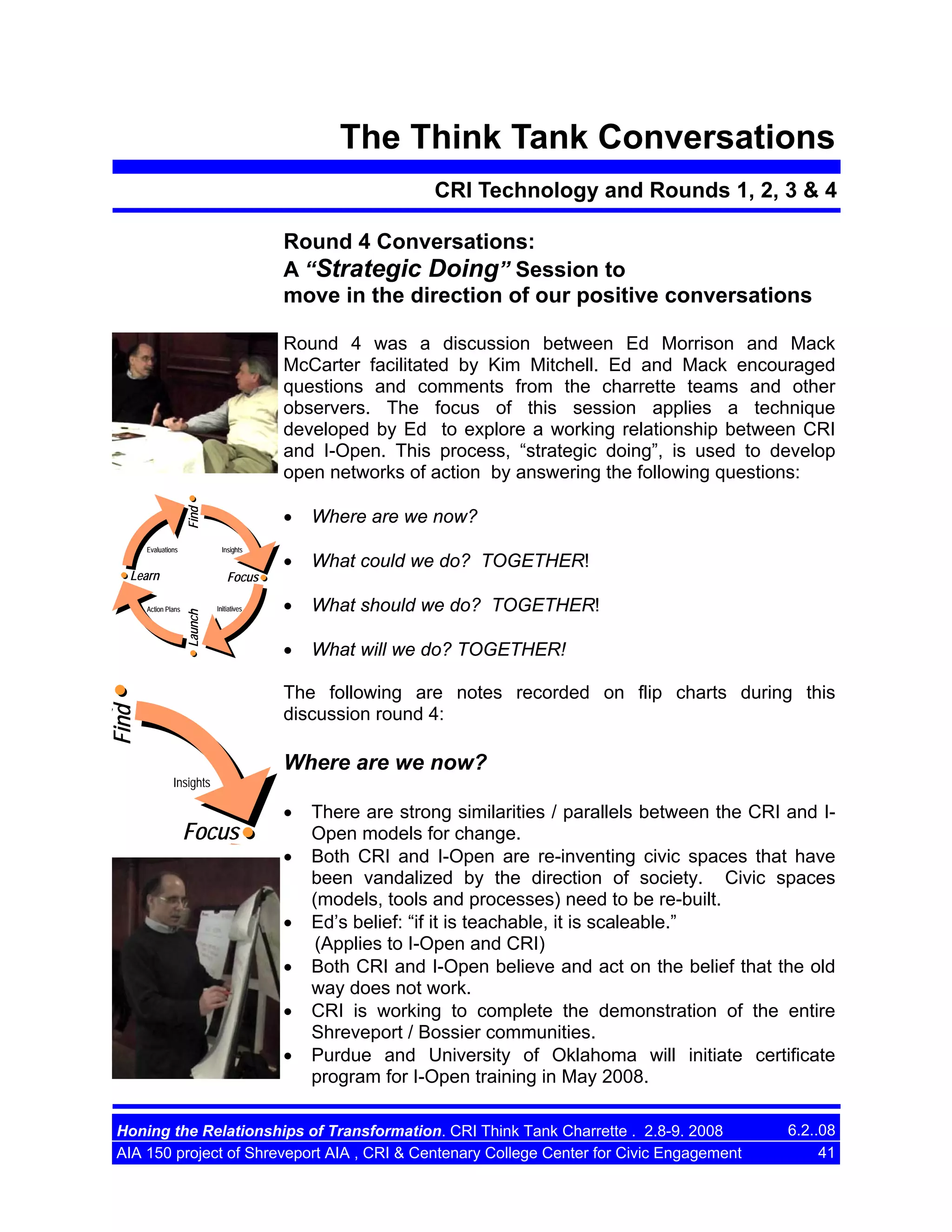 The Think Tank Conversations
CRI Technology and Rounds 1, 2, 3 & 4
Round 4 Conversations:
A “Strategic Doing” Session to
move in the direction of our positive conversations
Round 4 was a discussion between Ed Morrison and Mack
McCarter facilitated by Kim Mitchell. Ed and Mack encouraged
questions and comments from the charrette teams and other
observers. The focus of this session applies a technique
developed by Ed to explore a working relationship between CRI
and I-Open. This process, “strategic doing”, is used to develop
open networks of action by answering the following questions:
Find

•

Evaluations

Insights

Learn
Action Plans

Launch

Focus
Initiatives

Where are we now?

•

What could we do? TOGETHER!

•

What should we do? TOGETHER!

•

What will we do? TOGETHER!

Find

The following are notes recorded on flip charts during this
discussion round 4:

Where are we now?
Insights

Focus

•
•
•
•
•
•

There are strong similarities / parallels between the CRI and IOpen models for change.
Both CRI and I-Open are re-inventing civic spaces that have
been vandalized by the direction of society. Civic spaces
(models, tools and processes) need to be re-built.
Ed’s belief: “if it is teachable, it is scaleable.”
(Applies to I-Open and CRI)
Both CRI and I-Open believe and act on the belief that the old
way does not work.
CRI is working to complete the demonstration of the entire
Shreveport / Bossier communities.
Purdue and University of Oklahoma will initiate certificate
program for I-Open training in May 2008.

Honing the Relationships of Transformation. CRI Think Tank Charrette . 2.8-9. 2008
AIA 150 project of Shreveport AIA , CRI & Centenary College Center for Civic Engagement

6.2..08
41

 