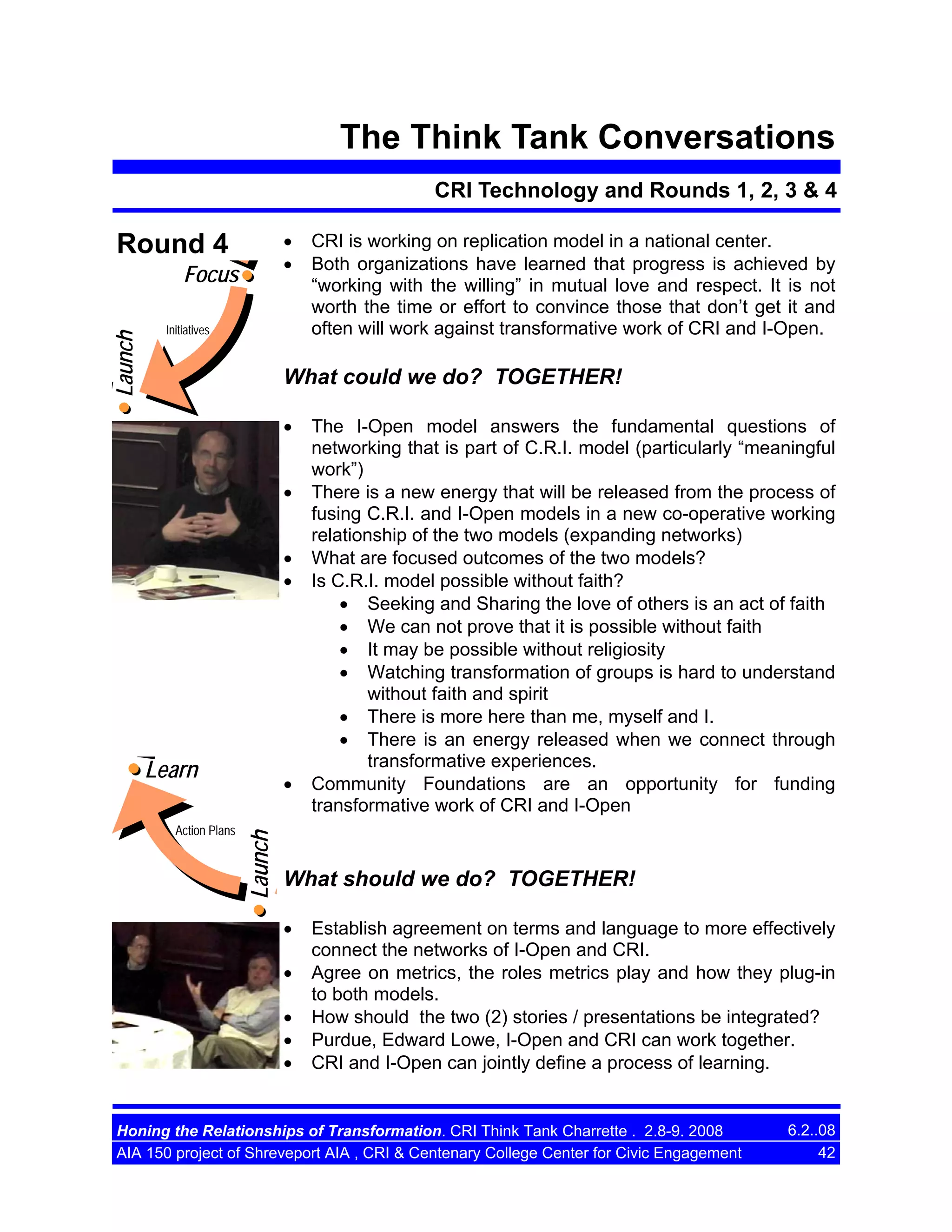 The Think Tank Conversations
CRI Technology and Rounds 1, 2, 3 & 4
•
•

Round 4

Launch

Focus
Initiatives

CRI is working on replication model in a national center.
Both organizations have learned that progress is achieved by
“working with the willing” in mutual love and respect. It is not
worth the time or effort to convince those that don’t get it and
often will work against transformative work of CRI and I-Open.

What could we do? TOGETHER!
•
•
•
•

Learn
Launch

Action Plans

•

The I-Open model answers the fundamental questions of
networking that is part of C.R.I. model (particularly “meaningful
work”)
There is a new energy that will be released from the process of
fusing C.R.I. and I-Open models in a new co-operative working
relationship of the two models (expanding networks)
What are focused outcomes of the two models?
Is C.R.I. model possible without faith?
• Seeking and Sharing the love of others is an act of faith
• We can not prove that it is possible without faith
• It may be possible without religiosity
• Watching transformation of groups is hard to understand
without faith and spirit
• There is more here than me, myself and I.
• There is an energy released when we connect through
transformative experiences.
Community Foundations are an opportunity for funding
transformative work of CRI and I-Open

What should we do? TOGETHER!
•
•
•
•
•

Establish agreement on terms and language to more effectively
connect the networks of I-Open and CRI.
Agree on metrics, the roles metrics play and how they plug-in
to both models.
How should the two (2) stories / presentations be integrated?
Purdue, Edward Lowe, I-Open and CRI can work together.
CRI and I-Open can jointly define a process of learning.

Honing the Relationships of Transformation. CRI Think Tank Charrette . 2.8-9. 2008
AIA 150 project of Shreveport AIA , CRI & Centenary College Center for Civic Engagement

6.2..08
42

 