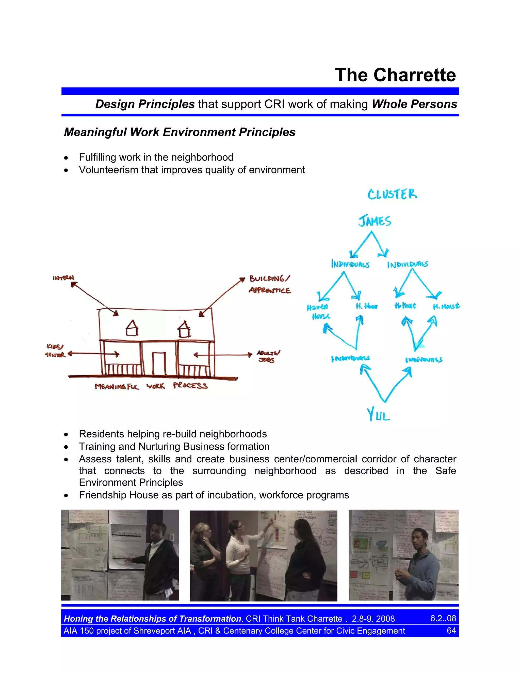 The Charrette
Design Principles that support CRI work of making Whole Persons
Meaningful Work Environment Principles
•
•

Fulfilling work in the neighborhood
Volunteerism that improves quality of environment

•
•
•

Residents helping re-build neighborhoods
Training and Nurturing Business formation
Assess talent, skills and create business center/commercial corridor of character
that connects to the surrounding neighborhood as described in the Safe
Environment Principles
Friendship House as part of incubation, workforce programs

•

Honing the Relationships of Transformation. CRI Think Tank Charrette . 2.8-9. 2008
AIA 150 project of Shreveport AIA , CRI & Centenary College Center for Civic Engagement

6.2..08
64

 