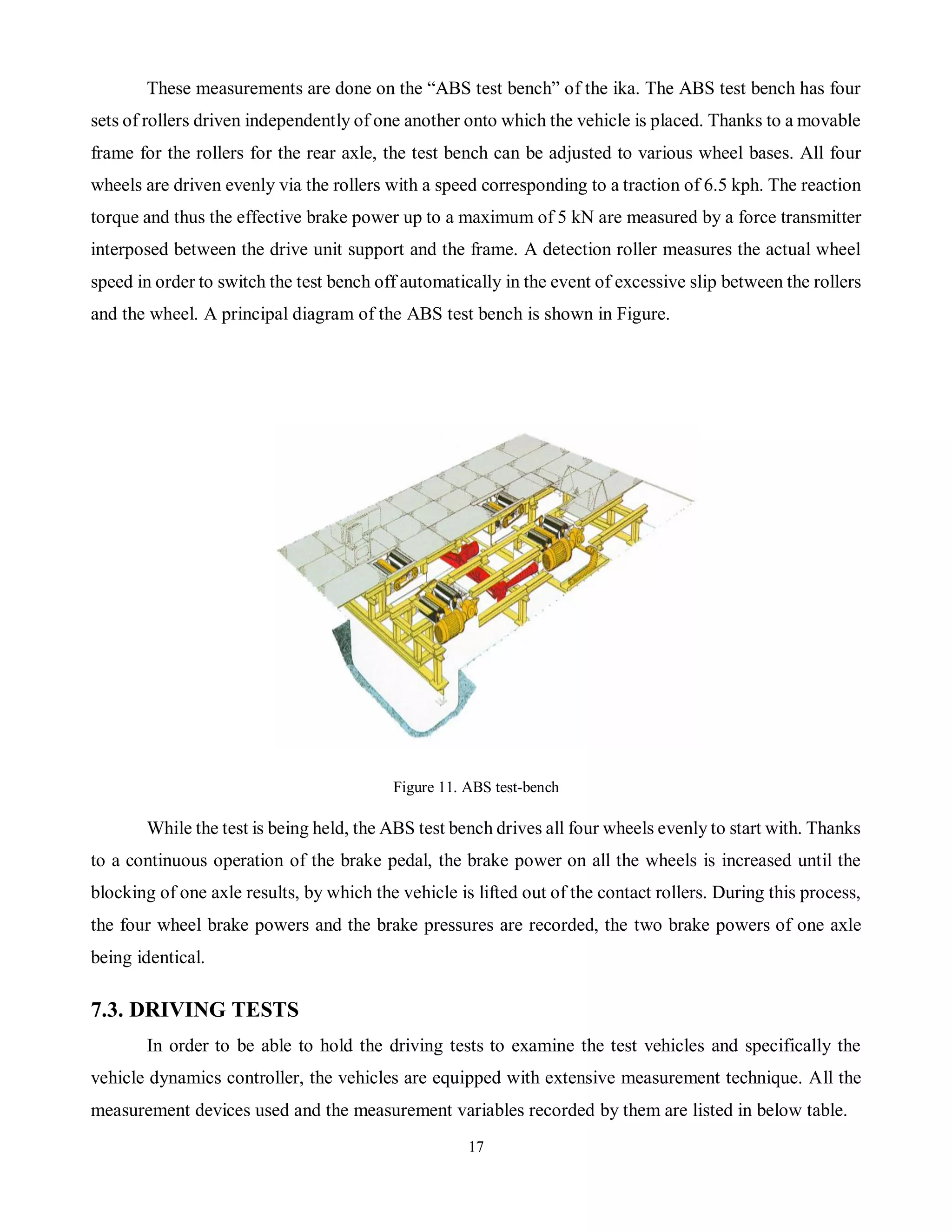 17
These measurements are done on the “ABS test bench” of the ika. The ABS test bench has four
sets of rollers driven independently of one another onto which the vehicle is placed. Thanks to a movable
frame for the rollers for the rear axle, the test bench can be adjusted to various wheel bases. All four
wheels are driven evenly via the rollers with a speed corresponding to a traction of 6.5 kph. The reaction
torque and thus the effective brake power up to a maximum of 5 kN are measured by a force transmitter
interposed between the drive unit support and the frame. A detection roller measures the actual wheel
speed in order to switch the test bench off automatically in the event of excessive slip between the rollers
and the wheel. A principal diagram of the ABS test bench is shown in Figure.
Figure 11. ABS test-bench
While the test is being held, the ABS test bench drives all four wheels evenly to start with. Thanks
to a continuous operation of the brake pedal, the brake power on all the wheels is increased until the
blocking of one axle results, by which the vehicle is lifted out of the contact rollers. During this process,
the four wheel brake powers and the brake pressures are recorded, the two brake powers of one axle
being identical.
7.3. DRIVING TESTS
In order to be able to hold the driving tests to examine the test vehicles and specifically the
vehicle dynamics controller, the vehicles are equipped with extensive measurement technique. All the
measurement devices used and the measurement variables recorded by them are listed in below table.
 