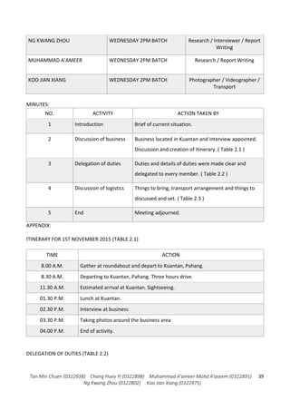 Tan Min Chuen (0322938) Chang Huey Yi (0322898) Muhammad A'ameer Mohd A'aseem (0322891)
Ng Kwang Zhou (0322802) Koo Jian Xiang (0322975)
39
NG KWANG ZHOU WEDNESDAY 2PM BATCH Research / Interviewer / Report
Writing
MUHAMMAD A’AMEER WEDNESDAY 2PM BATCH Research / Report Writing
KOO JIAN XIANG WEDNESDAY 2PM BATCH Photographer / Videographer /
Transport
MINUTES:
NO. ACTIVITY ACTION TAKEN BY
1 Introduction Brief of current situation.
2 Discussion of business Business located in Kuantan and interview appointed.
Discussion and creation of itinerary. ( Table 2.1 )
3 Delegation of duties Duties and details of duties were made clear and
delegated to every member. ( Table 2.2 )
4 Discussion of logistics Things to bring, transport arrangement and things to
discussed and set. ( Table 2.3 )
5 End Meeting adjourned.
APPENDIX:
ITINERARY FOR 1ST NOVEMBER 2015 (TABLE 2.1)
TIME ACTION
8.00 A.M. Gather at roundabout and depart to Kuantan, Pahang.
8.30 A.M. Departing to Kuantan, Pahang. Three hours drive.
11.30 A.M. Estimated arrival at Kuantan. Sightseeing.
01.30 P.M. Lunch at Kuantan.
02.30 P.M. Interview at business
03.30 P.M. Taking photos around the business area
04.00 P.M. End of activity.
DELEGATION OF DUTIES (TABLE 2.2)
 