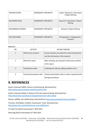 Tan Min Chuen (0322938) Chang Huey Yi (0322898) Muhammad A'ameer Mohd A'aseem (0322891)
Ng Kwang Zhou (0322802) Koo Jian Xiang (0322975)
45
TAN MIN CHUEN WEDNESDAY 2PM BATCH Leader / Research / Interviewer
/ Report Writing
NG KWANG ZHOU WEDNESDAY 2PM BATCH Research / Interviewer / Report
Writing
MUHAMMAD A’AMEER WEDNESDAY 2PM BATCH Research / Report Writing
KOO JIAN XIANG WEDNESDAY 2PM BATCH Photographer / Videographer /
Transport
MINUTES:
NO. ACTIVITY ACTION TAKEN BY
1 Refine every research Group members are ordered to check the grammar
and the information of the research.
2 Refine the report After checking, we proceed to check every content
of the report.
3 Finalizing the video Finalizing the video by adding subtitles into it.
4 Practice presentation slide Practice presentation slide in order to speak fluently
during presentation.
9. REFERENCES
Author Unknown (2002). History of Hairdressing. Retrieved from
http://www.queensnewyork.com/history/hair.html
Author Unknown (2010). A History of The Hair Salon & Styling. Retrieved from
http://beautyrival.com/beauty-lounge/history-hair-salon-styling
Flizzow. J(2004) .Joe’s Barbershop. Retrieved from http://www.joesbarbershop.com/about
Timmons. B & Media. D (2012). Hairdressers’ Tools. Retrieved from
http://work.chron.com/hairdressers-tools-14810.html
Yin Sook Yee (2015) interviewed 1st NOV 2015
Elaine Ng (2015) interviewed 13th NOV 2015
 