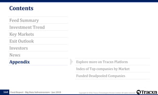 Copyright © 2018, Tracxn Technologies Private Limited. All rights reserved.Feed Report - Big Data Infrastructure - Jan 2018
Contents
Feed Summary
Investment Trend
Key Markets
Exit Outlook
Investors
News
Appendix
160
Explore more on Tracxn Platform
Index of Top companies by Market
Funded Deadpooled Companies
 
