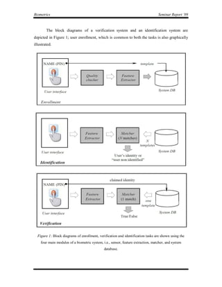Biometrics                                                                        Seminar Report ’09



        The block diagrams of a verification system and an identification system are
depicted in Figure 1; user enrollment, which is common to both the tasks is also graphically
illustrated.




  Figure 1: Block diagrams of enrollment, verification and identification tasks are shown using the
    four main modules of a biometric system, i.e., sensor, feature extraction, matcher, and system
                                              database.
 