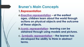 Bruner’s Main Concepts
1.Representation
a.Enactive representation – at the earliest
ages, children learn about the world t...