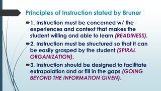 Principles of Instruction stated by Bruner
1. Instruction must be concerned w/ the
experiences and context that makes the...
