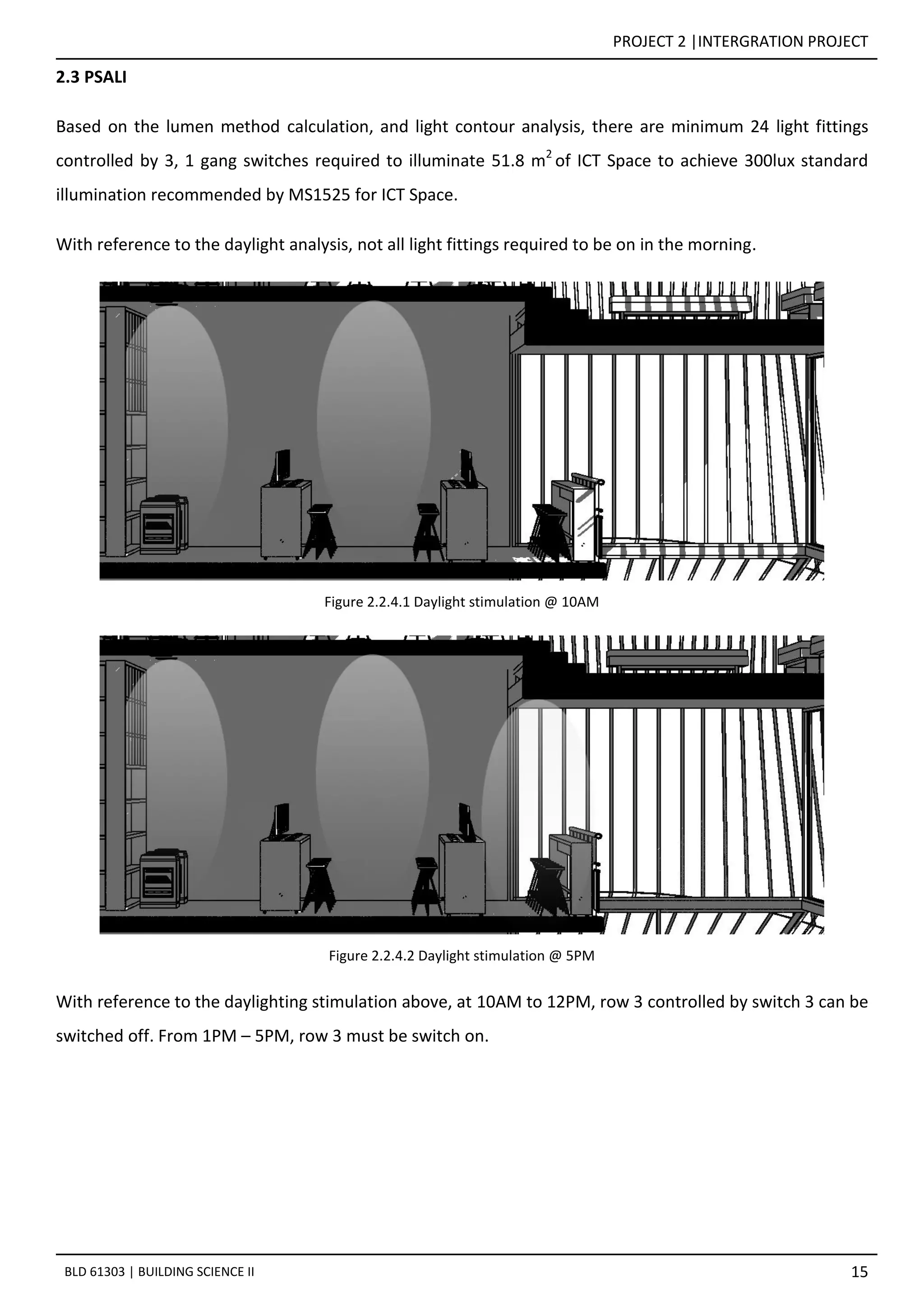 PROJECT 2 |INTERGRATION PROJECT
15BLD 61303 | BUILDING SCIENCE II
2.3 PSALI
Based on the lumen method calculation, and light contour analysis, there are minimum 24 light fittings
controlled by 3, 1 gang switches required to illuminate 51.8 m2
of ICT Space to achieve 300lux standard
illumination recommended by MS1525 for ICT Space.
With reference to the daylight analysis, not all light fittings required to be on in the morning.
Figure 2.2.4.1 Daylight stimulation @ 10AM
Figure 2.2.4.2 Daylight stimulation @ 5PM
With reference to the daylighting stimulation above, at 10AM to 12PM, row 3 controlled by switch 3 can be
switched off. From 1PM – 5PM, row 3 must be switch on.
 
