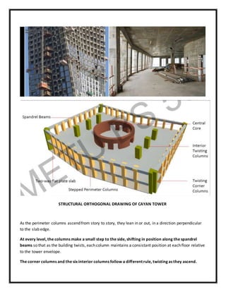 As the perimeter columns ascend from story to story, they lean in or out, in a direction perpendicular
to the slab edge.
At every level, the columns make a small step to the side, shifting in position along the spandrel
beams so that as the building twists, each column maintains a consistant position at each floor relative
to the tower envelope.
The corner columns and the six interior columns follow a different rule, twisting as they ascend.
STRUCTURAL ORTHOGONAL DRAWING OF CAYAN TOWER
 