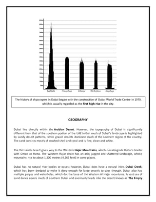 GEOGRAPHY
Dubai lies directly within the Arabian Desert. However, the topography of Dubai is significantly
different from that of the southern portion of the UAE in that much of Dubai's landscape is highlighted
by sandy desert patterns, while gravel deserts dominate much of the southern region of the country.
The sand consists mostly of crushed shell and coral and is fine, clean and white.
The flat sandy desert gives way to the Western Hajar Mountains, which run alongside Dubai's border
with Oman at Hatta. The Western Hajar chain has an arid, jagged and shattered landscape, whose
mountains rise to about 1,300 metres (4,265 feet) in some places.
Dubai has no natural river bodies or oases; however, Dubai does have a natural inlet, Dubai Creek,
which has been dredged to make it deep enough for large vessels to pass through. Dubai also has
multiple gorges and waterholes, which dot the base of the Western Al Hajar mountains. A vast sea of
sand dunes covers much of southern Dubai and eventually leads into the desert known as The Empty
The history of skyscrapers in Dubai began with the construction of Dubai World Trade Centre in 1979,
which is usually regarded as the first high-rise in the city.
 