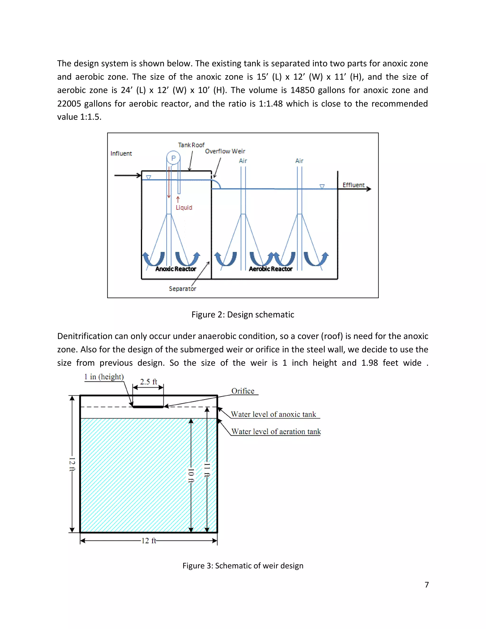 The design system is shown below. The existing tank is separated into two parts for anoxic zone
and aerobic zone. The size of the anoxic zone is 15’ (L) x 12’ (W) x 11’ (H), and the size of
aerobic zone is 24’ (L) x 12’ (W) x 10’ (H). The volume is 14850 gallons for anoxic zone and
22005 gallons for aerobic reactor, and the ratio is 1:1.48 which is close to the recommended
value 1:1.5.




                                   Figure 2: Design schematic

Denitrification can only occur under anaerobic condition, so a cover (roof) is need for the anoxic
zone. Also for the design of the submerged weir or orifice in the steel wall, we decide to use the
size from previous design. So the size of the weir is 1 inch height and 1.98 feet wide .




                                 Figure 3: Schematic of weir design

                                                                                                7
 