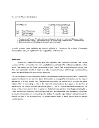 The current effluent standards are:




 In order to meet these standards, we need to optimize it. To address the problem of managing
increased flow rates, we might involve the usage of flow control valves.



Background
        Situated in a beautiful location atop hills, Colorado State University’s Pingree Park campus
operates only for a six-month period from May to October each year. The wastewater production rate is
nearly 7800 gallons per day. Since it’s remotely located, Pingree Park is required to process and treat
their own wastewater on-site. It might be a little impractical because of the huge population being
served and a relatively small septic system possessed.

The current system is constituted by an aeration basin followed by two settling basins with a 100% solids
recycle flow back into the aeration basin. Chlorination is employed for disinfection and the treated
wastewater is let into a leach field. Temperature fluctuations are avoided as all reactors are placed
indoors. There is no wasting of cells as the mean cell residence time, θx, is equal to the duration of
operation for the system (normally six months approx.,). This is a unique feature of Pingree Park. The
design of the aeration basin is done in such a way that a hydraulic retention time of approximately 3.5 to
5 days is maintained depending on the influent flow rate. Nitrate removal from wastewater is important
to prevent Eutrophication in surrounding water bodies. It precedes algal blooms which can disrupt the
normal functions of the ecosystem and can deplete oxygen levels in water thereby affecting various
aquatic species.




                                                                                                        3
 