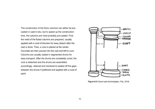 91
The construction of the Doric columns can either be pre-
casted or cast-in-situ, but to speed up the construction
time, the columns are most probably pre-casted. First,
the mold of the fluted columns are prepared, usually
applied with a coat of bitumen for easy detach after the
cast is done. Then, a core is placed at the center.
Concrete are then poured into the cast and left to cure.
Columns are usually casted in segmented drums for
easy transport. After the drums are completely cured, the
core is detached and the drums are assembled
accordingly, cleaned and mortared to sealed off the gaps
between the drums if preferred and applied with a coat of
paint.
Figure 6.5 Column part terminologies. (Tey, 2016)
 