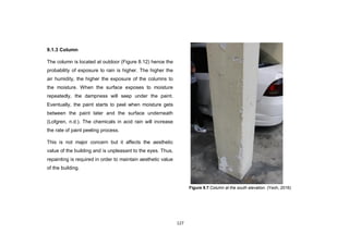 127
9.1.3 Column
The column is located at outdoor (Figure 8.12) hence the
probability of exposure to rain is higher. The higher the
air humidity, the higher the exposure of the columns to
the moisture. When the surface exposes to moisture
repeatedly, the dampness will seep under the paint.
Eventually, the paint starts to peel when moisture gets
between the paint later and the surface underneath
(Lofgren, n.d.). The chemicals in acid rain will increase
the rate of paint peeling process.
This is not major concern but it affects the aesthetic
value of the building and is unpleasant to the eyes. Thus,
repainting is required in order to maintain aesthetic value
of the building.
Figure 9.7 Column at the south elevation. (Yeoh, 2016)
 