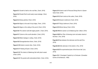 xviii
Figure 9.1 Growth of wild on the roof tiles. (Yeoh, 2016)
Figure 9.2 Rusted Roof could easily cause leakage. (Yeoh,
2016)
Figure 9.3 Damp patches (Yeoh, 2016)
Figure 9.4 Algae on the wall of sky bridge. (Yeoh,, 2016)
Figure 9.5 Algae on the ceiling of the porch (Yeoh, 2016)
Figure 9.6 The exterior wall with algae growth. ( Yeoh, 2016)
Figure 9.7 Column at the south elevation. (Yeoh, 2016)
Figure 9.8 Water leakage in ceiling. (Yeoh, 2016)
Figure 9.9 Damagedwindow frame. (Yeoh, 2016)
Figure 9.10 Exterior ceramic tiles. (Yeoh, 2016)
Figure 9.11 Peeling off paint. (Yeoh, 2016)
Figure 9.12 The interior of Balairung Seri with plush carpet.
(Yeoh, 2016)
Figure 9.13 The panels with embroidered fabric. (Yeoh, 2016)
Figure 9.14 Interior wall of Personal Dining Room in Queen
Suite (Yeoh, 2016)
Figure 9.15 Paint cracks at the suites. (Yeoh, 2016)
Figure 9.16 Queen’s bathroom (Yeoh, 2016)
Figure 9.17 King’s bathroom (Yeoh, 2016)
Figure 9.18 Wood decay (Yeoh, 2016)
Figure9.19Short section cut of Balairung Seri. (Neoh, 2016)
Figure 9.20Floor Plan of dressing room and water closet at
first floor. (Tan, 2016)
Figure9.21Gap between the staircase and the wall (Foo,
2016)
Figure9.22Grille staircase in the exterior. (Foo, 2016)
Figure.9.23The asymmetrical plan of the throne hall. (Lim,
2016)
Figure 10.1. Chandigarh Capitol by Le Corbusier. (Canadian
Centre of Architecture, 1956)
 