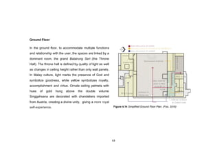 63
Ground Floor
In the ground floor, to accommodate multiple functions
and relationship with the user, the spaces are linked by a
dominant room, the grand Balairung Seri (the Throne
Hall). The throne hall is defined by quality of light as well
as changes in ceiling height rather than only wall panels.
In Malay culture, light marks the presence of God and
symbolize goodness, while yellow symbolizes royalty,
accomplishment and virtue. Ornate ceiling pelmets with
hues of gold hung above the double volume
Singgahsana are decorated with chandeliers imported
from Austria, creating a divine unity, giving a more royal
self-experience. Figure 4.14 Simplified Ground Floor Plan. (Foo, 2016)
 