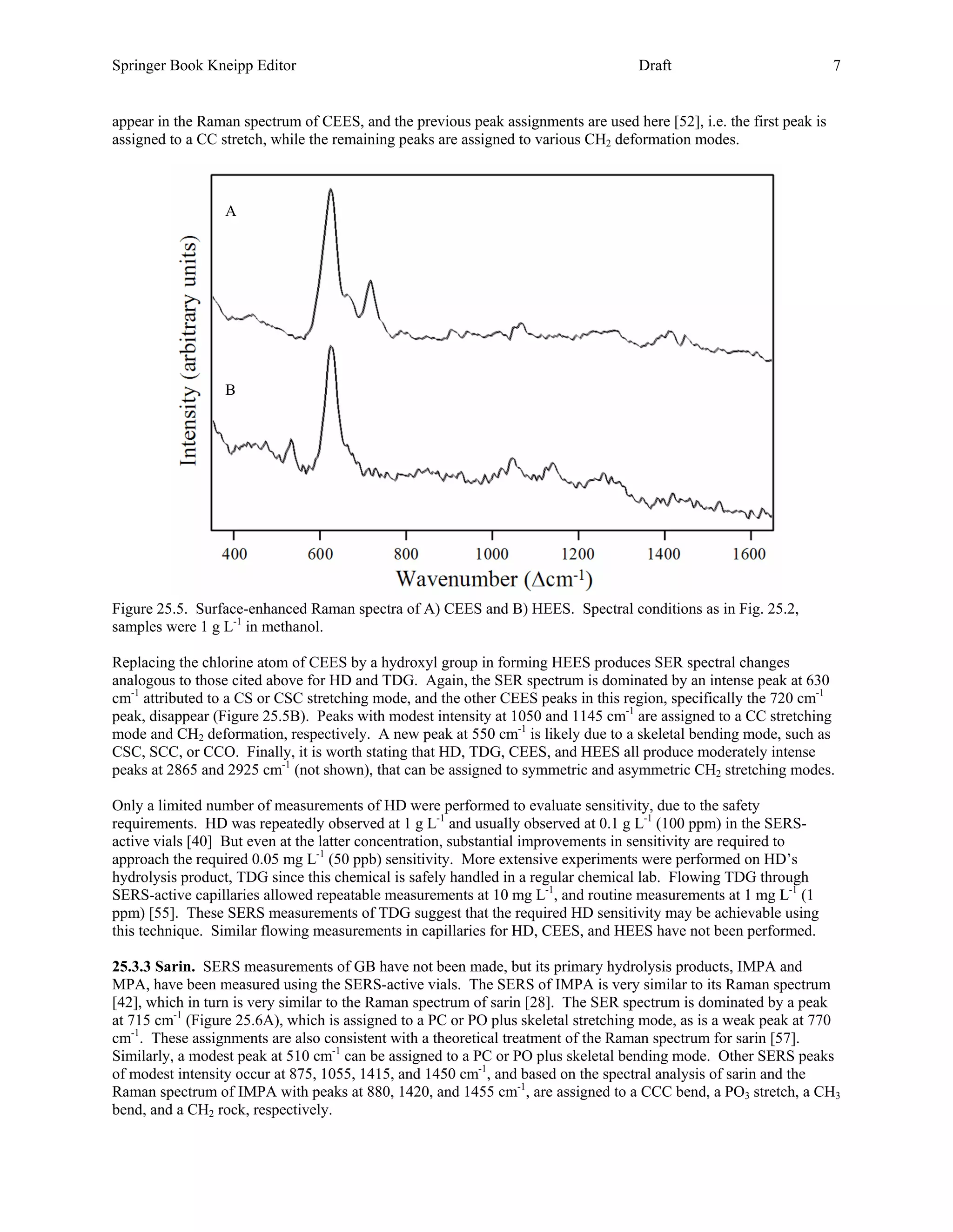 Springer Book Kneipp Editor                                                         Draft                            7


appear in the Raman spectrum of CEES, and the previous peak assignments are used here [52], i.e. the first peak is
assigned to a CC stretch, while the remaining peaks are assigned to various CH2 deformation modes.



                  A




                  B




Figure 25.5. Surface-enhanced Raman spectra of A) CEES and B) HEES. Spectral conditions as in Fig. 25.2,
samples were 1 g L-1 in methanol.

Replacing the chlorine atom of CEES by a hydroxyl group in forming HEES produces SER spectral changes
analogous to those cited above for HD and TDG. Again, the SER spectrum is dominated by an intense peak at 630
cm-1 attributed to a CS or CSC stretching mode, and the other CEES peaks in this region, specifically the 720 cm-1
peak, disappear (Figure 25.5B). Peaks with modest intensity at 1050 and 1145 cm-1 are assigned to a CC stretching
mode and CH2 deformation, respectively. A new peak at 550 cm-1 is likely due to a skeletal bending mode, such as
CSC, SCC, or CCO. Finally, it is worth stating that HD, TDG, CEES, and HEES all produce moderately intense
peaks at 2865 and 2925 cm-1 (not shown), that can be assigned to symmetric and asymmetric CH2 stretching modes.

Only a limited number of measurements of HD were performed to evaluate sensitivity, due to the safety
requirements. HD was repeatedly observed at 1 g L-1 and usually observed at 0.1 g L-1 (100 ppm) in the SERS-
active vials [40] But even at the latter concentration, substantial improvements in sensitivity are required to
approach the required 0.05 mg L-1 (50 ppb) sensitivity. More extensive experiments were performed on HD’s
hydrolysis product, TDG since this chemical is safely handled in a regular chemical lab. Flowing TDG through
SERS-active capillaries allowed repeatable measurements at 10 mg L-1, and routine measurements at 1 mg L-1 (1
ppm) [55]. These SERS measurements of TDG suggest that the required HD sensitivity may be achievable using
this technique. Similar flowing measurements in capillaries for HD, CEES, and HEES have not been performed.

25.3.3 Sarin. SERS measurements of GB have not been made, but its primary hydrolysis products, IMPA and
MPA, have been measured using the SERS-active vials. The SERS of IMPA is very similar to its Raman spectrum
[42], which in turn is very similar to the Raman spectrum of sarin [28]. The SER spectrum is dominated by a peak
at 715 cm-1 (Figure 25.6A), which is assigned to a PC or PO plus skeletal stretching mode, as is a weak peak at 770
cm-1. These assignments are also consistent with a theoretical treatment of the Raman spectrum for sarin [57].
Similarly, a modest peak at 510 cm-1 can be assigned to a PC or PO plus skeletal bending mode. Other SERS peaks
of modest intensity occur at 875, 1055, 1415, and 1450 cm-1, and based on the spectral analysis of sarin and the
Raman spectrum of IMPA with peaks at 880, 1420, and 1455 cm-1, are assigned to a CCC bend, a PO3 stretch, a CH3
bend, and a CH2 rock, respectively.
 