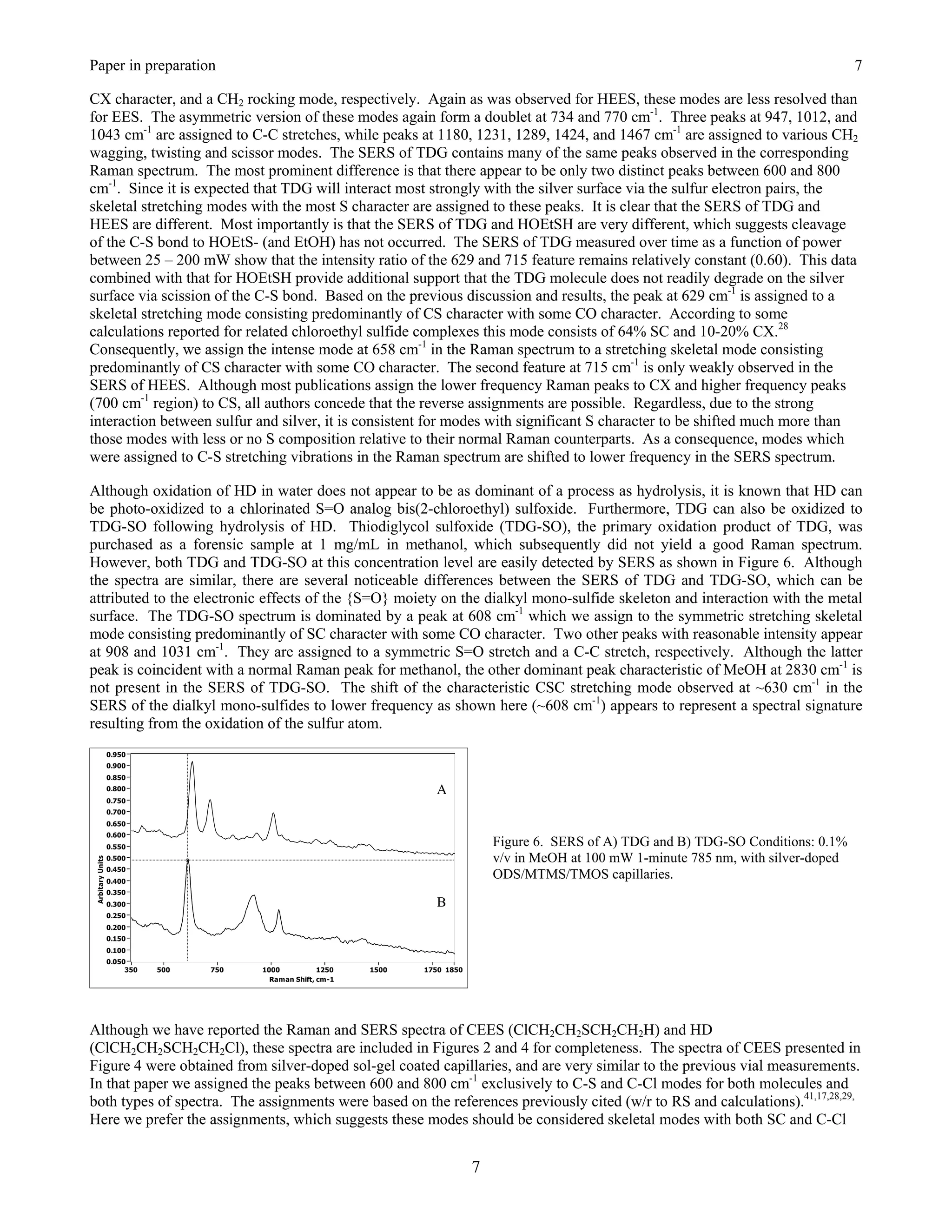 Paper in preparation                                                                                                                7

CX character, and a CH2 rocking mode, respectively. Again as was observed for HEES, these modes are less resolved than
for EES. The asymmetric version of these modes again form a doublet at 734 and 770 cm-1. Three peaks at 947, 1012, and
1043 cm-1 are assigned to C-C stretches, while peaks at 1180, 1231, 1289, 1424, and 1467 cm-1 are assigned to various CH2
wagging, twisting and scissor modes. The SERS of TDG contains many of the same peaks observed in the corresponding
Raman spectrum. The most prominent difference is that there appear to be only two distinct peaks between 600 and 800
cm-1. Since it is expected that TDG will interact most strongly with the silver surface via the sulfur electron pairs, the
skeletal stretching modes with the most S character are assigned to these peaks. It is clear that the SERS of TDG and
HEES are different. Most importantly is that the SERS of TDG and HOEtSH are very different, which suggests cleavage
of the C-S bond to HOEtS- (and EtOH) has not occurred. The SERS of TDG measured over time as a function of power
between 25 – 200 mW show that the intensity ratio of the 629 and 715 feature remains relatively constant (0.60). This data
combined with that for HOEtSH provide additional support that the TDG molecule does not readily degrade on the silver
surface via scission of the C-S bond. Based on the previous discussion and results, the peak at 629 cm-1 is assigned to a
skeletal stretching mode consisting predominantly of CS character with some CO character. According to some
calculations reported for related chloroethyl sulfide complexes this mode consists of 64% SC and 10-20% CX.28
Consequently, we assign the intense mode at 658 cm-1 in the Raman spectrum to a stretching skeletal mode consisting
predominantly of CS character with some CO character. The second feature at 715 cm-1 is only weakly observed in the
SERS of HEES. Although most publications assign the lower frequency Raman peaks to CX and higher frequency peaks
(700 cm-1 region) to CS, all authors concede that the reverse assignments are possible. Regardless, due to the strong
interaction between sulfur and silver, it is consistent for modes with significant S character to be shifted much more than
those modes with less or no S composition relative to their normal Raman counterparts. As a consequence, modes which
were assigned to C-S stretching vibrations in the Raman spectrum are shifted to lower frequency in the SERS spectrum.

Although oxidation of HD in water does not appear to be as dominant of a process as hydrolysis, it is known that HD can
be photo-oxidized to a chlorinated S=O analog bis(2-chloroethyl) sulfoxide. Furthermore, TDG can also be oxidized to
TDG-SO following hydrolysis of HD. Thiodiglycol sulfoxide (TDG-SO), the primary oxidation product of TDG, was
purchased as a forensic sample at 1 mg/mL in methanol, which subsequently did not yield a good Raman spectrum.
However, both TDG and TDG-SO at this concentration level are easily detected by SERS as shown in Figure 6. Although
the spectra are similar, there are several noticeable differences between the SERS of TDG and TDG-SO, which can be
attributed to the electronic effects of the {S=O} moiety on the dialkyl mono-sulfide skeleton and interaction with the metal
surface. The TDG-SO spectrum is dominated by a peak at 608 cm-1 which we assign to the symmetric stretching skeletal
mode consisting predominantly of SC character with some CO character. Two other peaks with reasonable intensity appear
at 908 and 1031 cm-1. They are assigned to a symmetric S=O stretch and a C-C stretch, respectively. Although the latter
peak is coincident with a normal Raman peak for methanol, the other dominant peak characteristic of MeOH at 2830 cm-1 is
not present in the SERS of TDG-SO. The shift of the characteristic CSC stretching mode observed at ~630 cm-1 in the
SERS of the dialkyl mono-sulfides to lower frequency as shown here (~608 cm-1) appears to represent a spectral signature
resulting from the oxidation of the sulfur atom.
  0.950
  0.900
  0.850
  0.800                                                    A
  0.750
  0.700
  0.650
  0.600
  0.550                                                                  Figure 6. SERS of A) TDG and B) TDG-SO Conditions: 0.1%
  0.500                                                                  v/v in MeOH at 100 mW 1-minute 785 nm, with silver-doped
  0.450
  0.400
                                                                         ODS/MTMS/TMOS capillaries.
  0.350
  0.300                                                    B
  0.250
  0.200
  0.150
  0.100
  0.050
       350   500   750      1000           1250   1500   1750 1850
                              Raman Shift, cm-1




Although we have reported the Raman and SERS spectra of CEES (ClCH2CH2SCH2CH2H) and HD
(ClCH2CH2SCH2CH2Cl), these spectra are included in Figures 2 and 4 for completeness. The spectra of CEES presented in
Figure 4 were obtained from silver-doped sol-gel coated capillaries, and are very similar to the previous vial measurements.
In that paper we assigned the peaks between 600 and 800 cm-1 exclusively to C-S and C-Cl modes for both molecules and
both types of spectra. The assignments were based on the references previously cited (w/r to RS and calculations).41,17,28,29,
Here we prefer the assignments, which suggests these modes should be considered skeletal modes with both SC and C-Cl


                                                                     7
 