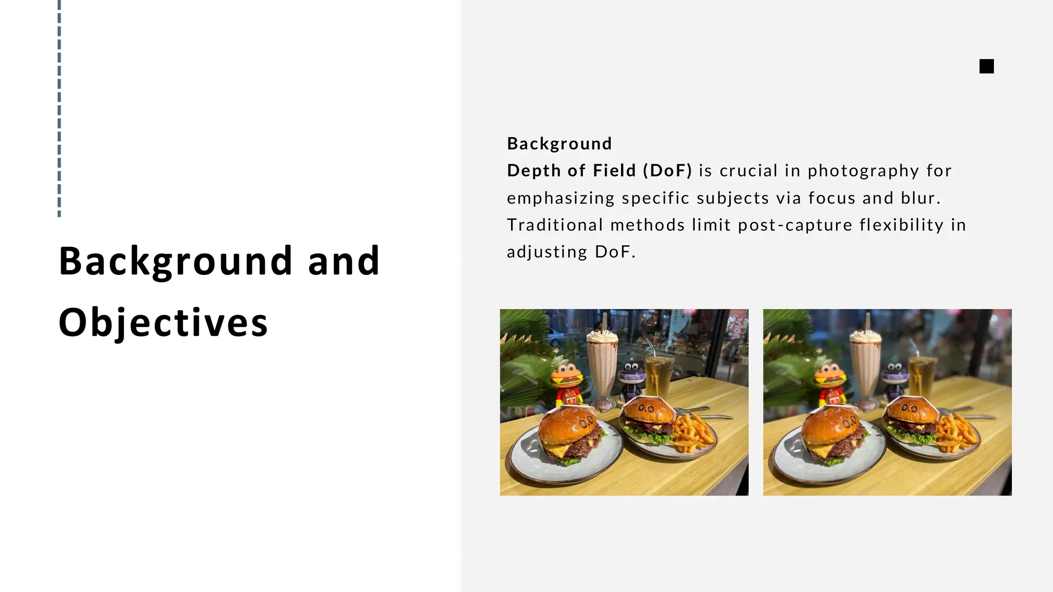 Background and
Objectives
Background
Depth of Field (DoF) is crucial in photography for
emphasizing specific subjects via focus and blur.
Traditional methods limit post-capture flexibility in
adjusting DoF.
 