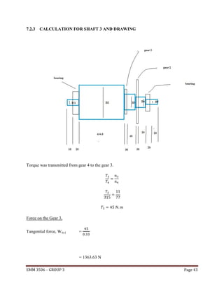 7.2.3 CALCULATION FOR SHAFT 3 AND DRAWING

Torque was transmitted from gear 4 to the gear 3.

Force on the Gear 3,
Tangential force, Wt(c)

=

= 1363.63 N
EMM 3506 – GROUP 3

Page 43

 