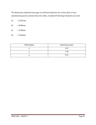 The dimensions stated previous page are minimum diameters for various parts, to ease
manufacturing process and provide extra safety, rounded-off and larger diameters are used:
D1

= 22.00 mm

D2

= 40.00mm

D3

= 33.00mm

D4

= 22.00mm

Fillet Radius

Dimension (mm)

r1

0.33

r3

1.98

r4

0.33

EMM 3506 – GROUP 3

Page 62

 