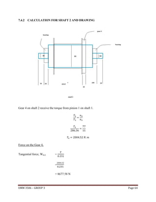 7.4.2 CALCULATION FOR SHAFT 2 AND DRAWING

Gear 4 on shaft 2 receive the torque from pinion 1 on shaft 1.

Force on the Gear 4,
Tangential force, Wt(c)

=

=
= 8677.58 N

EMM 3506 – GROUP 3

Page 64

 