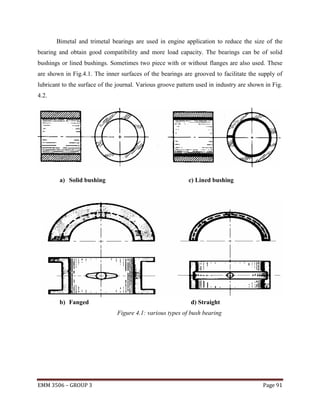 Bimetal and trimetal bearings are used in engine application to reduce the size of the
bearing and obtain good compatibility and more load capacity. The bearings can be of solid
bushings or lined bushings. Sometimes two piece with or without flanges are also used. These
are shown in Fig.4.1. The inner surfaces of the bearings are grooved to facilitate the supply of
lubricant to the surface of the journal. Various groove pattern used in industry are shown in Fig.
4.2.

a) Solid bushing

b) Fanged

c) Lined bushing

d) Straight
Figure 4.1: various types of bush bearing

EMM 3506 – GROUP 3

Page 91

 