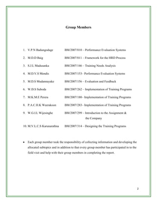 Group Members




1. V.P.N Badungodage             BM/2007/010 – Performance Evaluation Systems

2. M.D.D Baig                    BM/2007/011 – Framework for the HRD Process

3. S.J.L Madusanka               BM/2007/146 – Training Needs Analysis

4. M.D.V.S Mendis                BM/2007/153– Performance Evaluation Systems

5. M.D.S Mudannayake             BM/2007/156 – Evaluation and Feedback

6. W.D.S Suboda                  BM/2007/262 – Implementation of Training Programs

7. M.K.M.E Perera                BM/2007/180– Implementation of Training Programs

8. P.A.C.H.K Weerakoon           BM/2007/283– Implementation of Training Programs

9. W.G.I.L Wijesinghe            BM/2007/299 – Introduction to the Assignment &
                                                  the Company

10. M.V.L.C.S Karunarathna       BM/2007/314 – Designing the Training Programs




   Each group member took the responsibility of collecting information and developing the
   allocated subtopics and in addition to that every group member has participated in to the
   field visit and help with their group members in completing the report.




                                                                                               2
 