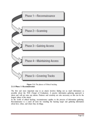 Page 12 
Figure 2.1: The phases of Ethical hacking. 
2.1.1 Phase 1- Reconnaissance 
The first and most important step in an attack involves finding out as much information as 
possible about the TOE (Target of Evaluation). A passive information gathering approach is 
taken and will not raise any alarms. Patience and creativity are also necessary as this can be the 
longest phase of the attack. 
In the world of ethical hacking, reconnaissance applies to the process of information gathering. 
Reconnaissance is a catch all term for watching the hacking target and gathering information 
about how, when, and where they do things. 
 