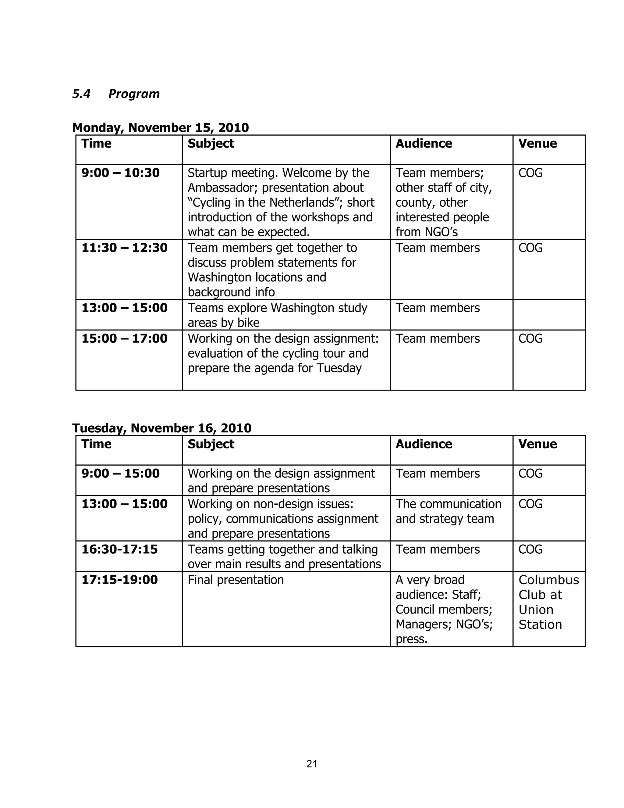F"!$   J)-;)57$

Monday, November 15, 2010
 Time          Subject                                  Audience               Venue

 9:00 – 10:30     Startup meeting. Welcome by the       Team members;          COG
                  Ambassador; presentation about        other staff of city,
                  “Cycling in the Netherlands”; short   county, other
                  introduction of the workshops and     interested people
                  what can be expected.                 from NGO’s
 11:30 – 12:30    Team members get together to          Team members           COG
                  discuss problem statements for
                  Washington locations and
                  background info
 13:00 – 15:00    Teams explore Washington study        Team members
                  areas by bike
 15:00 – 17:00    Working on the design assignment:     Team members           COG
                  evaluation of the cycling tour and
                  prepare the agenda for Tuesday



Tuesday, November 16, 2010
 Time           Subject                                 Audience               Venue

 9:00 – 15:00     Working on the design assignment      Team members           COG
                  and prepare presentations
 13:00 – 15:00    Working on non-design issues:         The communication      COG
                  policy, communications assignment     and strategy team
                  and prepare presentations
 16:30-17:15      Teams getting together and talking    Team members           COG
                  over main results and presentations
 17:15-19:00      Final presentation                    A very broad           Columbus
                                                        audience: Staff;       Club at
                                                        Council members;       Union
                                                        Managers; NGO’s;       Station
                                                        press.




                                       21
 