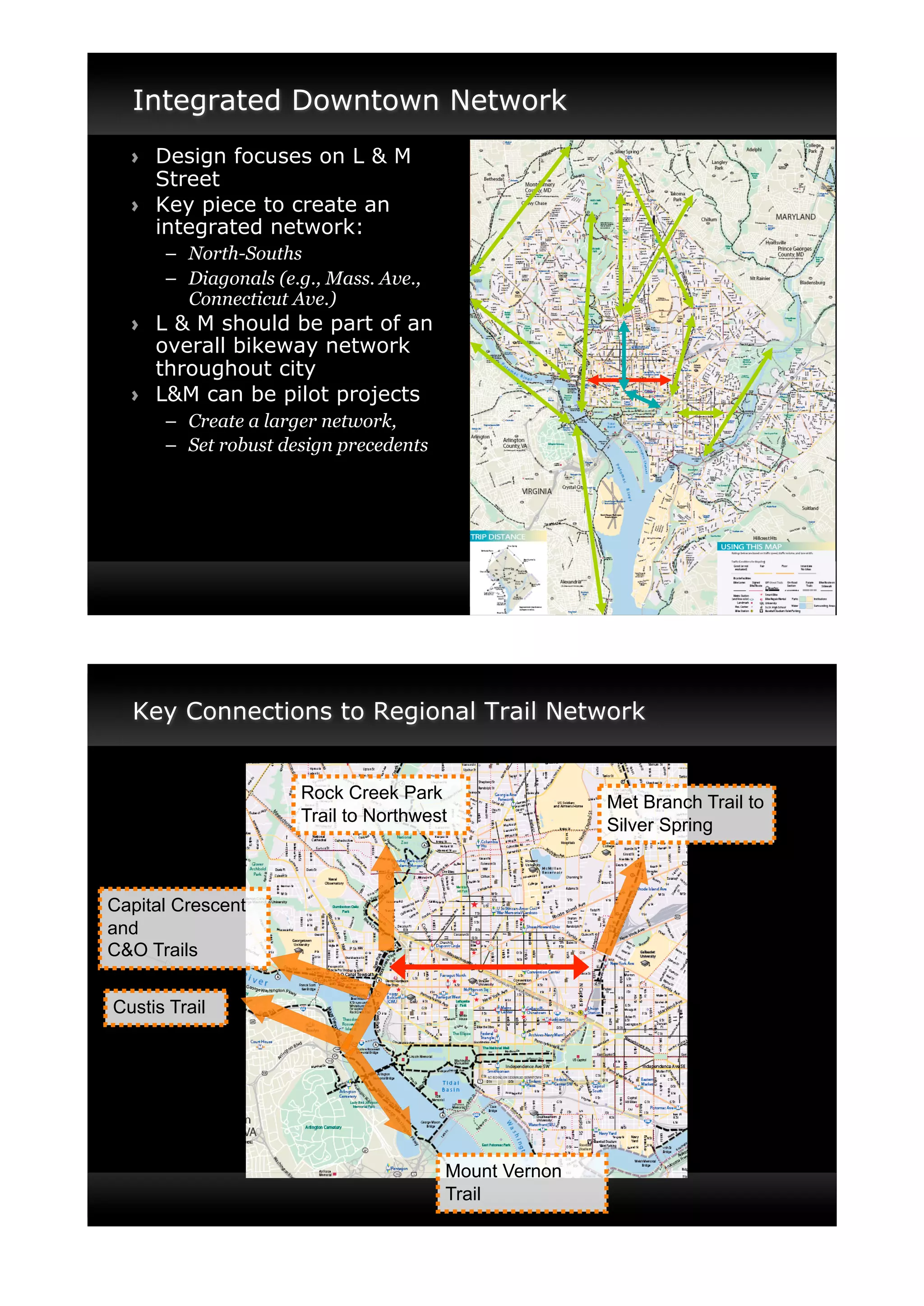 Integrated Downtown Network
  !"   Design focuses on L & M
       Street
  !"   Key piece to create an
       integrated network:
       –" North-Souths
       –" Diagonals (e.g., Mass. Ave.,
          Connecticut Ave.)
  !"   L & M should be part of an
       overall bikeway network
       throughout city
  !"   L&M can be pilot projects
       –" Create a larger network,
       –" Set robust design precedents




  Key Connections to Regional Trail Network


                       Rock Creek Park
                                                        Met Branch Trail to
                       Trail to Northwest
                                                        Silver Spring



Capital Crescent
and
C&O Trails


Custis Trail




                                         Mount Vernon
                                         Trail
 