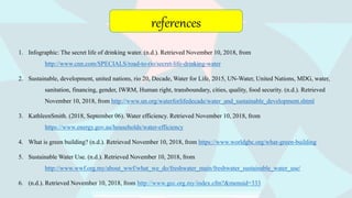 1. Infographic: The secret life of drinking water. (n.d.). Retrieved November 10, 2018, from
http://www.cnn.com/SPECIALS/road-to-rio/secret-life-drinking-water
2. Sustainable, development, united nations, rio 20, Decade, Water for Life, 2015, UN-Water, United Nations, MDG, water,
sanitation, financing, gender, IWRM, Human right, transboundary, cities, quality, food security. (n.d.). Retrieved
November 10, 2018, from http://www.un.org/waterforlifedecade/water_and_sustainable_development.shtml
3. KathleenSmith. (2018, September 06). Water efficiency. Retrieved November 10, 2018, from
https://www.energy.gov.au/households/water-efficiency
4. What is green building? (n.d.). Retrieved November 10, 2018, from https://www.worldgbc.org/what-green-building
5. Sustainable Water Use. (n.d.). Retrieved November 10, 2018, from
http://www.wwf.org.my/about_wwf/what_we_do/freshwater_main/freshwater_sustainable_water_use/
6. (n.d.). Retrieved November 10, 2018, from http://www.gec.org.my/index.cfm?&menuid=333
references
 