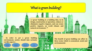 A ‘green’ building is a building that, in its
design, construction or operation, reduces or
eliminates negative impacts, and can create
positive impacts, on world climate and
natural environment. (4)
What is green building?
In order to get a green building
environment, society should take seriously
on this aspects :
The benefit of green building can affect in
three terms which is economical, social and
environmental.
WATER ENERGY HEALTH 3R
 
