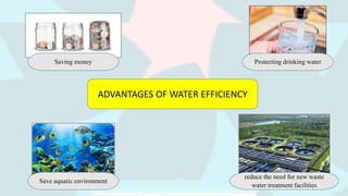 ADVANTAGES OF WATER EFFICIENCY
Saving money Protecting drinking water
Save aquatic environment
reduce the need for new waste
water treatment facilities
 