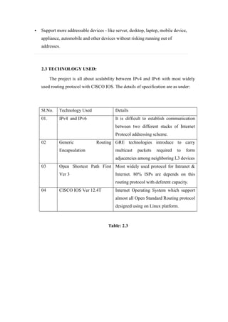  Support more addressable devices - like server, desktop, laptop, mobile device,
appliance, automobile and other devices without risking running out of
addresses.
2.3 TECHNOLOGY USED:
The project is all about scalability between IPv4 and IPv6 with most widely
used routing protocol with CISCO IOS. The details of specification are as under:
Sl.No. Technology Used Details
01. IPv4 and IPv6 It is difficult to establish communication
between two different stacks of Internet
Protocol addressing scheme.
02 Generic Routing
Encapsulation
GRE technologies introduce to carry
multicast packets required to form
adjacencies among neighboring L3 devices
03 Open Shortest Path First
Ver 3
Most widely used protocol for Intranet &
Internet. 80% ISPs are depends on this
routing protocol with deferent capacity.
04 CISCO IOS Ver 12.4T Internet Operating System which support
almost all Open Standard Routing protocol
designed using on Linux platform.
Table: 2.3
 