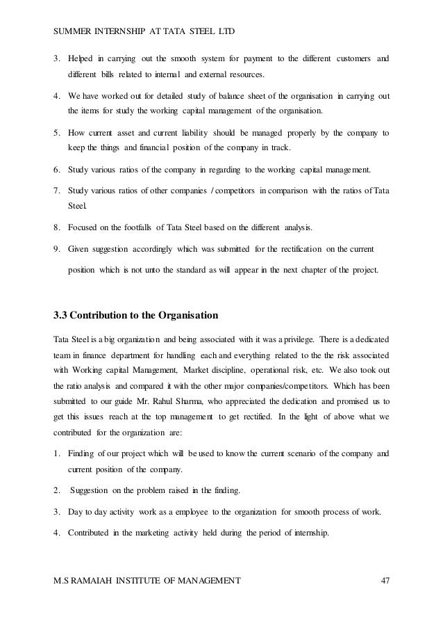 final report in working capital management of tata steel ltd