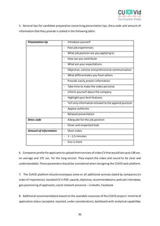 95
5. General tips for candidate preparation concerning presentation tips, dress code and amount of
information that they provide is stated in the following table:
Presentation tip - Introduce yourself
- Past job experiences
- What job position are you applying to
- How can you contribute
- What are your expectations
- Objective, concise and professional communication
- What differentiates you from others
- Provide easily proven information
- Take time to make the video personal
- Inform yourself about the company
- Highlight your best features
- Tell onlyinformationrelevanttothe applied position
- Appear authentic
- Relaxed presentation
Dress code - Adequate for the job position
- Clean and respected look
Amount of information - Short video
- 1 – 1,5 minutes
- less is more
6. Companiespreferforapplicantstouploadshortversionsof videoCV thatwouldlastupto138 sec.
on average and 175 sec. for the long version. They expect the video and sound to be clear and
understandable.These parametersshould be considered when designing the CUVID web platform.
7. The CUVID platform should encompass some or all additional services stated by companies (in
orderof importance):standardCV inPDF; awards,diplomas,recommendations;webcaminterviews;
geo positioning of applicants; social network presence – LinkedIn, Facebook.
8. Additional recommendations based on the available resources of the CUVID project: timeline of
application status (accepted, rejected, under consideration), dashboard with analytical capabilities
 