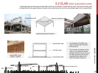 Suspended slabs are above-ground level slabs which are not directly in contact with the earth. They are commonly used
to create floors for the upper storeys of houses, but can also be sat on top of pre-constructed walls to form a ground floor.
Plywood floor joist
Second floor slab
First floor slab
Ground floor slab
• The diameter of the BRC wire
mesh increases when the floor
level going up.
• The increase of diameter of wire
mesh is to increase the tensile
strength (prevent cracks occur) of
the slab as the first and second
suspended floor slabs do not
have the support of ground.
Square BRC mesh
200mm x 200mm
Plywood subflooring
Suspended plywood formwork
LAIYIKXIN0323388
5.2 SLAB (FIRST & SECOND FLOOR)
26
 