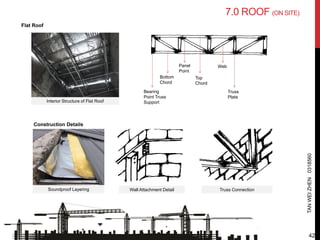 TANWEIZHEN0318560
Construction Details
Interior Structure of Flat Roof
Soundproof Layering Wall Attachment Detail Truss Connection
Bearing
Point Truss
Support
Bottom
Chord
Panel
Point
Top
Chord
Web
Truss
Plate
7.0 ROOF (ON SITE)
Flat Roof
42
 