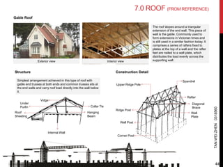 TANWEIZHEN0318560
Exterior view Interior view
Structure
The roof slopes around a triangular
extension of the end wall. This piece of
wall is the gable. Commonly used to
form extensions in Victorian times and
is still used in a similar fashion today. It
comprises a series of rafters fixed to
plates at the top of a wall and the rafter
feet are nailed to a wall plate, which
distributes the load evenly across the
supporting wall.
Simplest arrangement achieved in this type of roof with
gable end trusses at both ends and common trusses sits at
the end walls and carry roof load directly into the wall below
it.
7.0 ROOF (FROM REFERENCE)
Gable Roof
Wall
Plate
Ridge Post
Wall Post
Corner Post
Spandrel
Rafter
Diagonal
Brace
Upper Ridge Pole
Vidge
Roof
Sheeting
Under
Purlin Collar Tie
Hanging
Beam
Internal Wall
Construction Detail
44
 